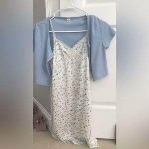 floral blue and white cami dress + cardigan